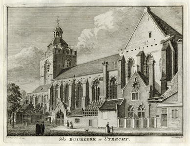 135832 Gezicht op de Buurkerk op het Buurkerkhof te Utrecht uit het zuidoosten.01-01-1744-31-12-1744